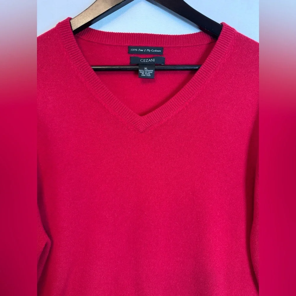 Cezani mens sz XL 100% fine 2 ply cashmere V neck sweater Red‎ Party Festive